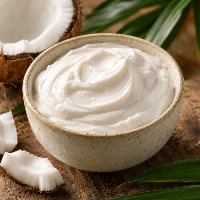 Thick fresh coconut cream in a bowl made from grated coconut