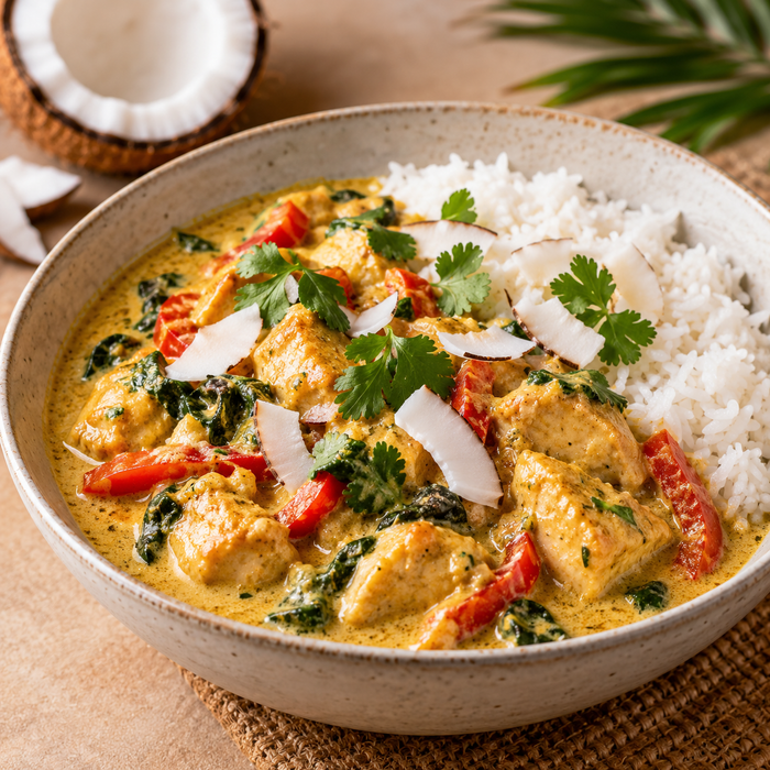 Savory coconut curry served with rice
