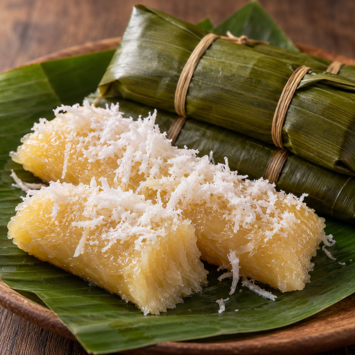 Cassava and coconut suman wrapped in banana leaves
