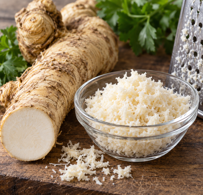Fresh horseradish root with freshly grated horseradish in a bowl