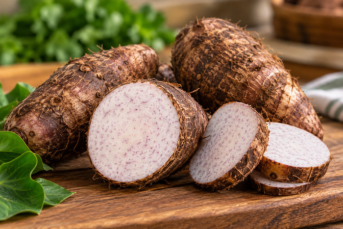 Fresh yautía root cut open to show the interior